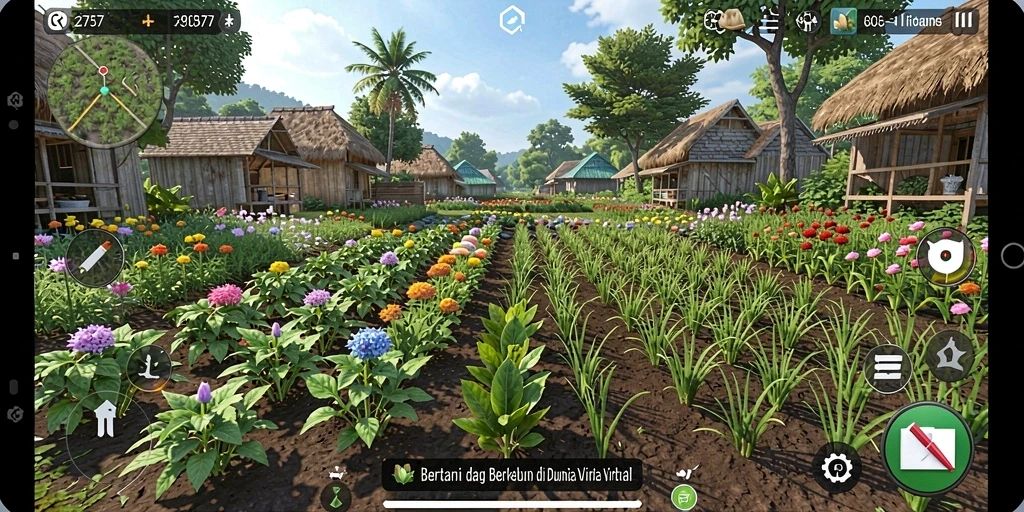 Screenshot gameplay yang menunjukkan ladang subur dan hewan ternak.