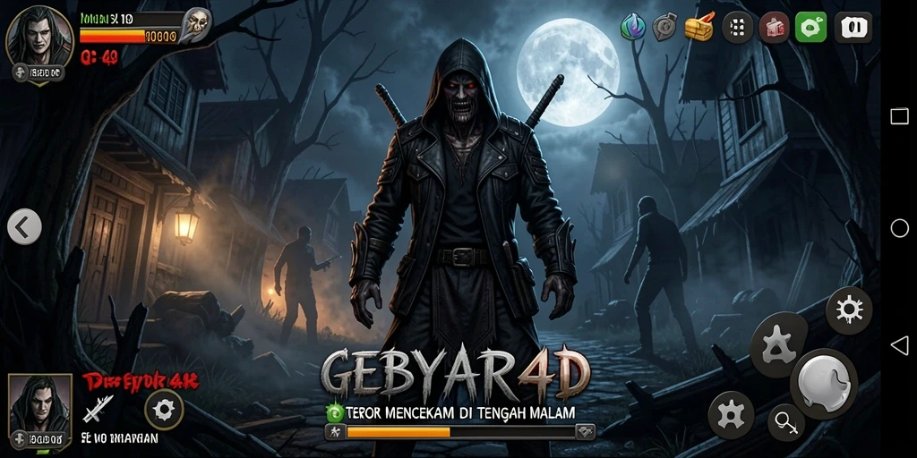 Screenshot utama GEBYAR4D menampilkan suasana menyeramkan dalam gameplay.