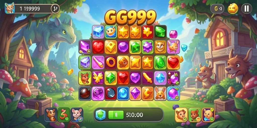 Screenshot GG999 menampilkan serunya gameplay Match-3 yang penuh warna.