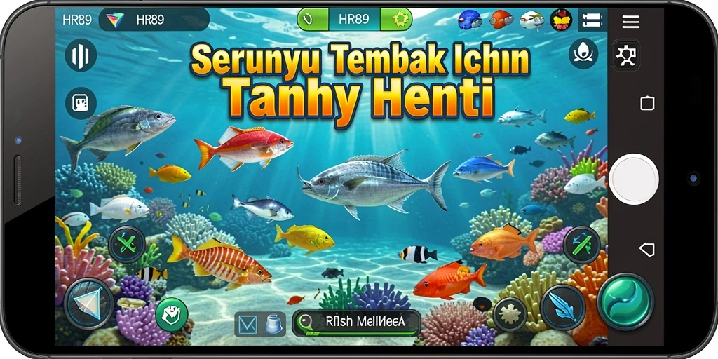 Screenshot gameplay seru HR89 dengan aksi menembak ikan.